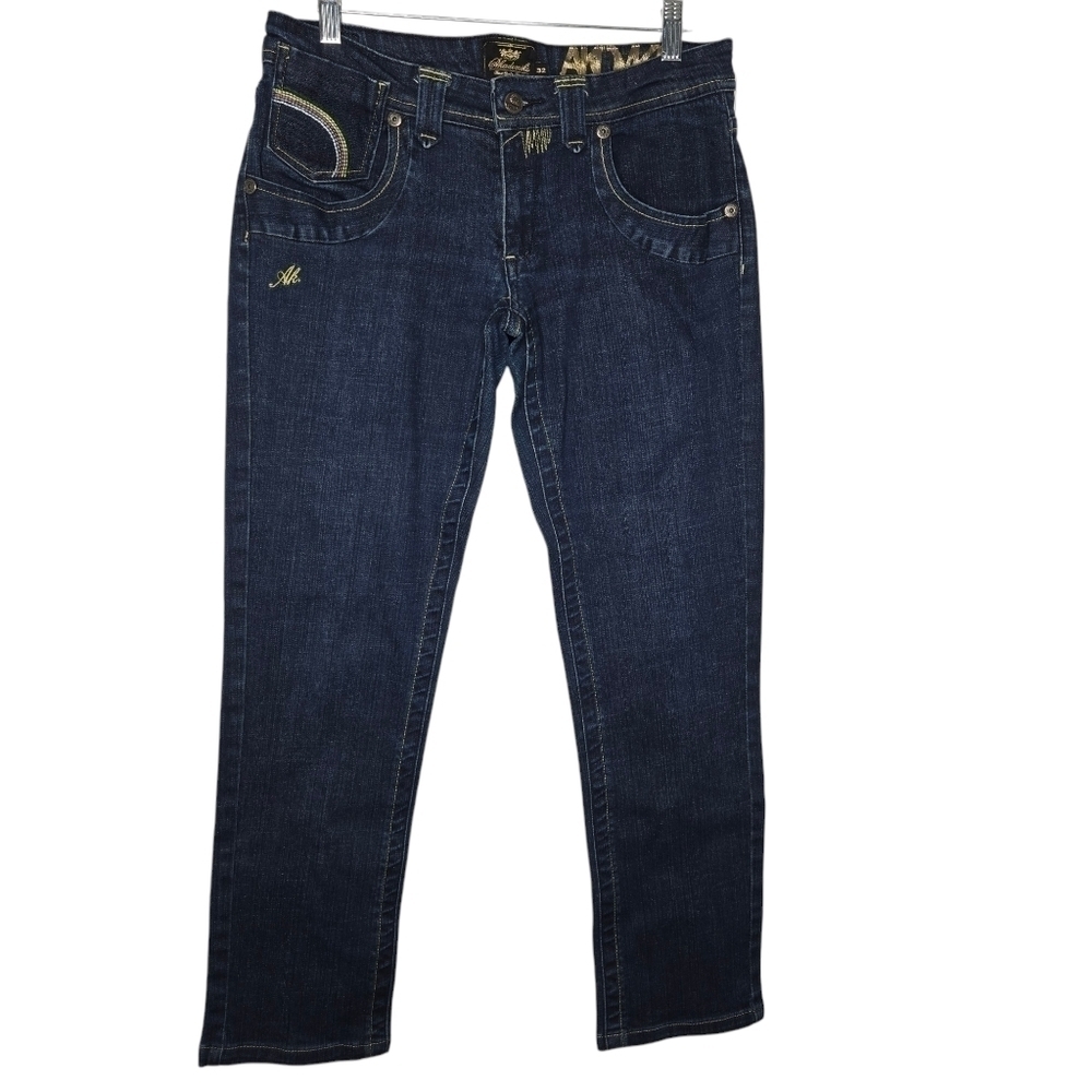 AKADEMIKS Y2K Designer Women's Dark Wash Rainbow Embroidered Denim Jeans Size 32
